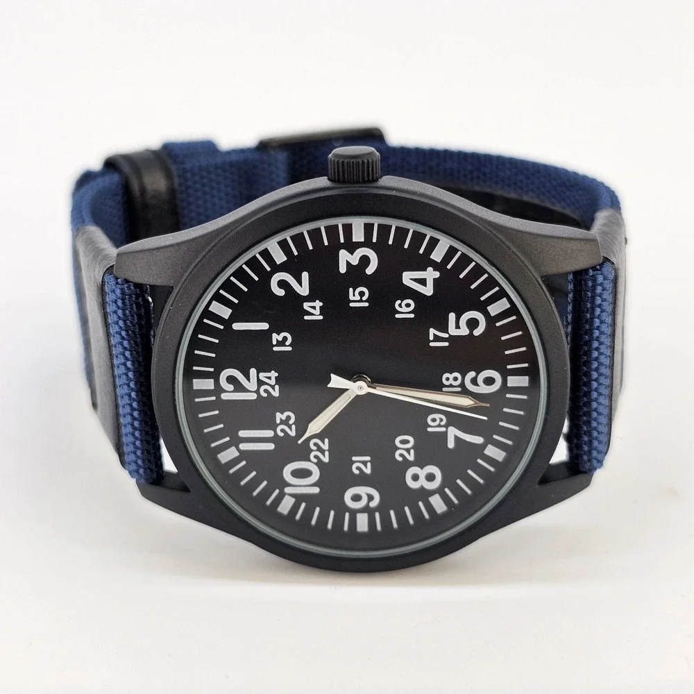 Men's‎ Field Military Watch 42MM Black Dial Dark Blue Nylon Bands New Battery